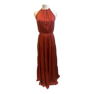 In Loom Halter Neck Tiered Maxi Dress in Rust - Size Small